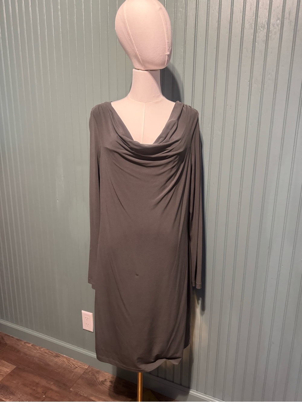 Calvin Klein Taupe Cowl-Neck Long Sleeve Dress